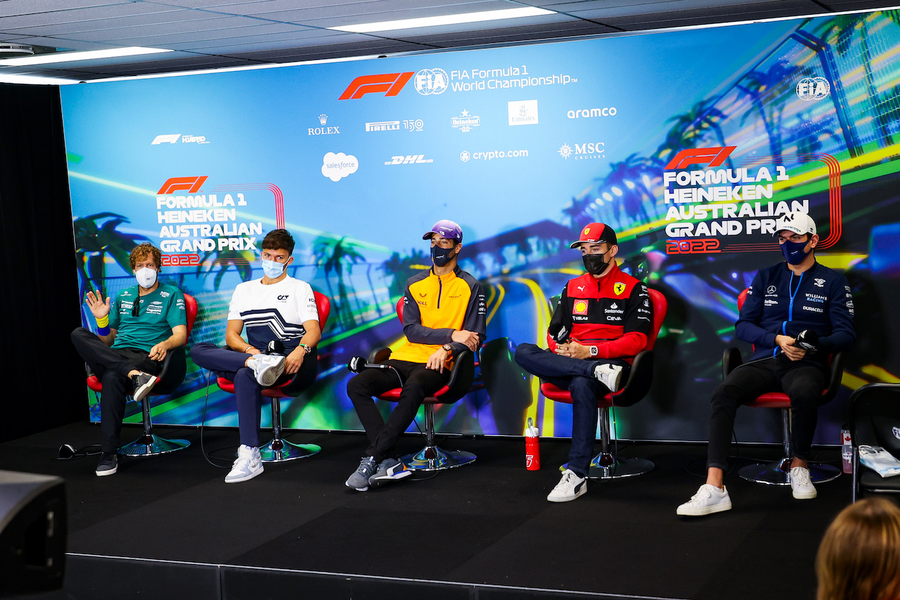 GP AUSTRALIA, (L to R): Sebastian Vettel (GER) Aston Martin F1 Team; Pierre Gasly (FRA) AlphaTauri; Daniel Ricciardo (AUS) McLaren; Charles Leclerc (MON) Ferrari; e Nicholas Latifi (CDN) Williams Racing, in the FIA Press Conference.
08.04.2022. Formula 1 World Championship, Rd 3, Australian Grand Prix, Albert Park, Melbourne, Australia, Practice Day.
- www.xpbimages.com, EMail: requests@xpbimages.com © Copyright: XPB Images