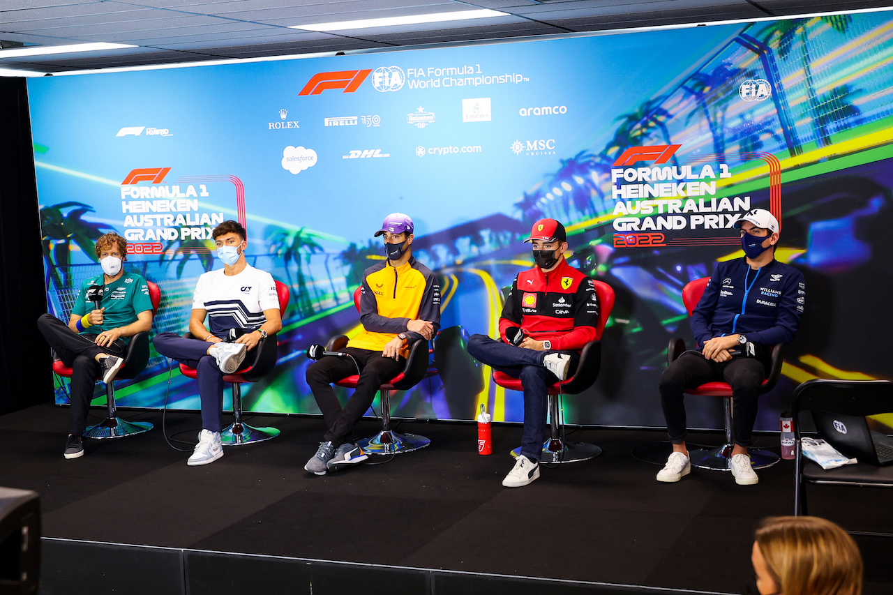 GP AUSTRALIA, (L to R): Sebastian Vettel (GER) Aston Martin F1 Team; Pierre Gasly (FRA) AlphaTauri; Daniel Ricciardo (AUS) McLaren; Charles Leclerc (MON) Ferrari; e Nicholas Latifi (CDN) Williams Racing, in the FIA Press Conference.
08.04.2022. Formula 1 World Championship, Rd 3, Australian Grand Prix, Albert Park, Melbourne, Australia, Practice Day.
- www.xpbimages.com, EMail: requests@xpbimages.com © Copyright: XPB Images