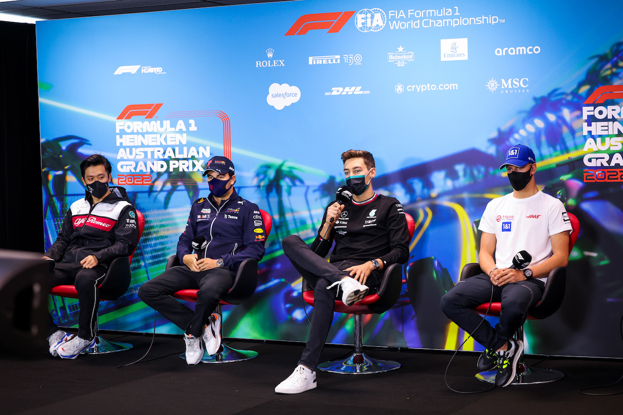GP AUSTRALIA, (L to R): Guanyu Zhou (CHN) Alfa Romeo F1 Team C42; Sergio Perez (MEX) Red Bull Racing; George Russell (GBR) Mercedes AMG F1; e Mick Schumacher (GER) Haas F1 Team, in the FIA Press Conference.
08.04.2022. Formula 1 World Championship, Rd 3, Australian Grand Prix, Albert Park, Melbourne, Australia, Practice Day.
- www.xpbimages.com, EMail: requests@xpbimages.com © Copyright: XPB Images