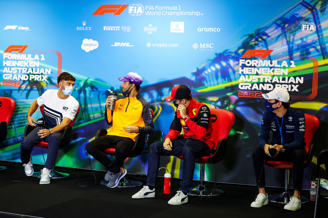 GP AUSTRALIA, (L to R): Pierre Gasly (FRA) AlphaTauri; Daniel Ricciardo (AUS) McLaren; Charles Leclerc (MON) Ferrari; e Nicholas Latifi (CDN) Williams Racing in the FIA Press Conference.
08.04.2022. Formula 1 World Championship, Rd 3, Australian Grand Prix, Albert Park, Melbourne, Australia, Practice Day.
- www.xpbimages.com, EMail: requests@xpbimages.com © Copyright: XPB Images