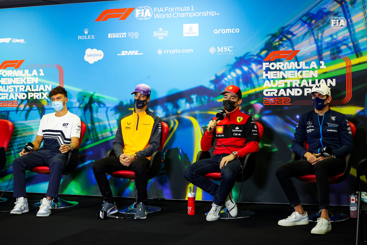 GP AUSTRALIA, (L to R): Pierre Gasly (FRA) AlphaTauri; Daniel Ricciardo (AUS) McLaren; Charles Leclerc (MON) Ferrari; e Nicholas Latifi (CDN) Williams Racing in the FIA Press Conference.
08.04.2022. Formula 1 World Championship, Rd 3, Australian Grand Prix, Albert Park, Melbourne, Australia, Practice Day.
- www.xpbimages.com, EMail: requests@xpbimages.com © Copyright: XPB Images