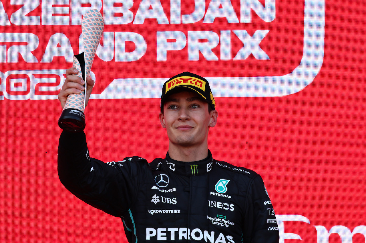 GP AZERBAIJAN, 3rd place George Russell (GBR) Mercedes AMG F1 W13.
12.06.2022. Formula 1 World Championship, Rd 8, Azerbaijan Grand Prix, Baku Street Circuit, Azerbaijan, Gara Day.
- www.xpbimages.com, EMail: requests@xpbimages.com © Copyright: Batchelor / XPB Images