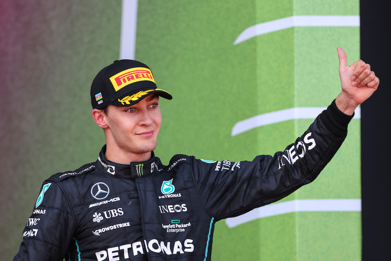 GP AZERBAIJAN, George Russell (GBR), Mercedes AMG F1 
12.06.2022. Formula 1 World Championship, Rd 8, Azerbaijan Grand Prix, Baku Street Circuit, Azerbaijan, Gara Day. Podium
- www.xpbimages.com, EMail: requests@xpbimages.com © Copyright: Charniaux / XPB Images