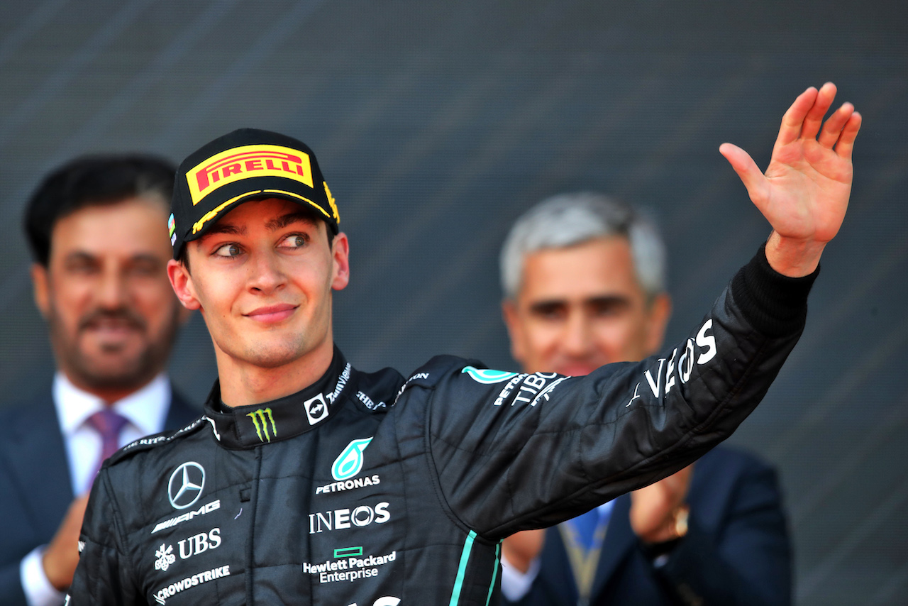 GP AZERBAIJAN, George Russell (GBR) Mercedes AMG F1 celebrates his third position on the podium.
12.06.2022. Formula 1 World Championship, Rd 8, Azerbaijan Grand Prix, Baku Street Circuit, Azerbaijan, Gara Day.
 - www.xpbimages.com, EMail: requests@xpbimages.com © Copyright: Coates / XPB Images