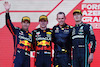 GP AZERBAIJAN, 1st place Max Verstappen (NLD) Red Bull Racing RB18, with 2nd place Sergio Perez (MEX) Red Bull Racing RB18, 3rd place George Russell (GBR) Mercedes AMG F1 W13 with Tom Hart, Red Bull Racing Performance Engineer.
12.06.2022. Formula 1 World Championship, Rd 8, Azerbaijan Grand Prix, Baku Street Circuit, Azerbaijan, Gara Day.
- www.xpbimages.com, EMail: requests@xpbimages.com ¬© Copyright: Batchelor / XPB Images