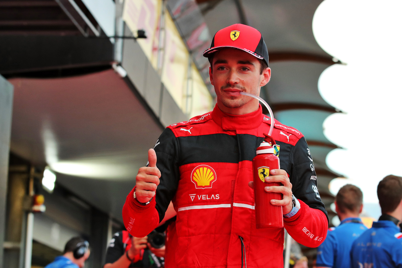 GP AZERBAIJAN, Charles Leclerc (MON) Ferrari celebrates his pole position in qualifying parc ferme.
11.06.2022. Formula 1 World Championship, Rd 8, Azerbaijan Grand Prix, Baku Street Circuit, Azerbaijan, Qualifiche Day.
 - www.xpbimages.com, EMail: requests@xpbimages.com © Copyright: Coates / XPB Images