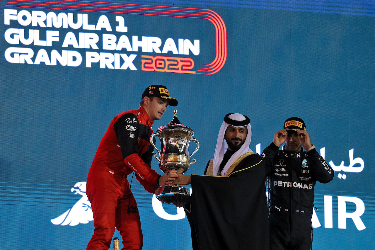 GP BAHRAIN, Gara winner Charles Leclerc (MON) Ferrari celebrates on the podium.
20.03.2022. Formula 1 World Championship, Rd 1, Bahrain Grand Prix, Sakhir, Bahrain, Gara Day.
- www.xpbimages.com, EMail: requests@xpbimages.com © Copyright: Moy / XPB Images