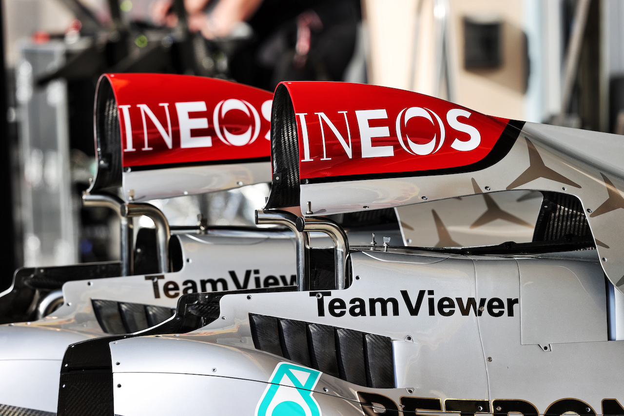 GP BAHRAIN, Mercedes AMG F1 W13 engine covers.
17.03.2022. Formula 1 World Championship, Rd 1, Bahrain Grand Prix, Sakhir, Bahrain, Preparation Day.
- www.xpbimages.com, EMail: requests@xpbimages.com © Copyright: Moy / XPB Images