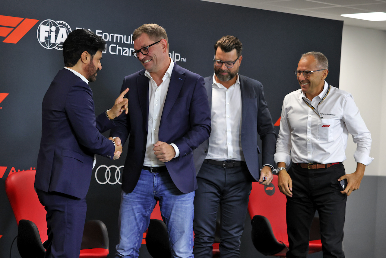 GP BELGIO, 
(L to R): Mohammed Bin Sulayem (UAE) FIA President; Markus Duesmann (GER) Audi Chief Executive Officer; Oliver Hoffmann (GER) Audi Member of the Board of Management for Technical Development; e Stefano Domenicali (ITA) Formula One President e CEO - at a press conference announcing that Audi has officially registered as an F1 engine manufacturer for the 2026 regulations.
26.08.2022. Formula 1 World Championship, Rd 14, Belgian Grand Prix, Spa Francorchamps, Belgium, Practice Day.
- www.xpbimages.com, EMail: requests@xpbimages.com © Copyright: Moy / XPB Images