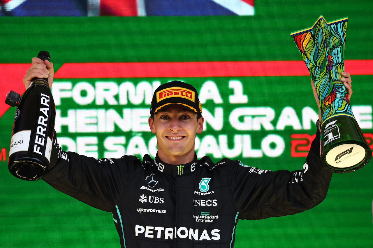 GP BRASILE, 1st place George Russell (GBR) Mercedes AMG F1. 
13.11.2022. Formula 1 World Championship, Rd 21, Brazilian Grand Prix, Sao Paulo, Brazil, Gara Day. - www.xpbimages.com, EMail: requests@xpbimages.com ¬© Copyright: Batchelor / XPB Images