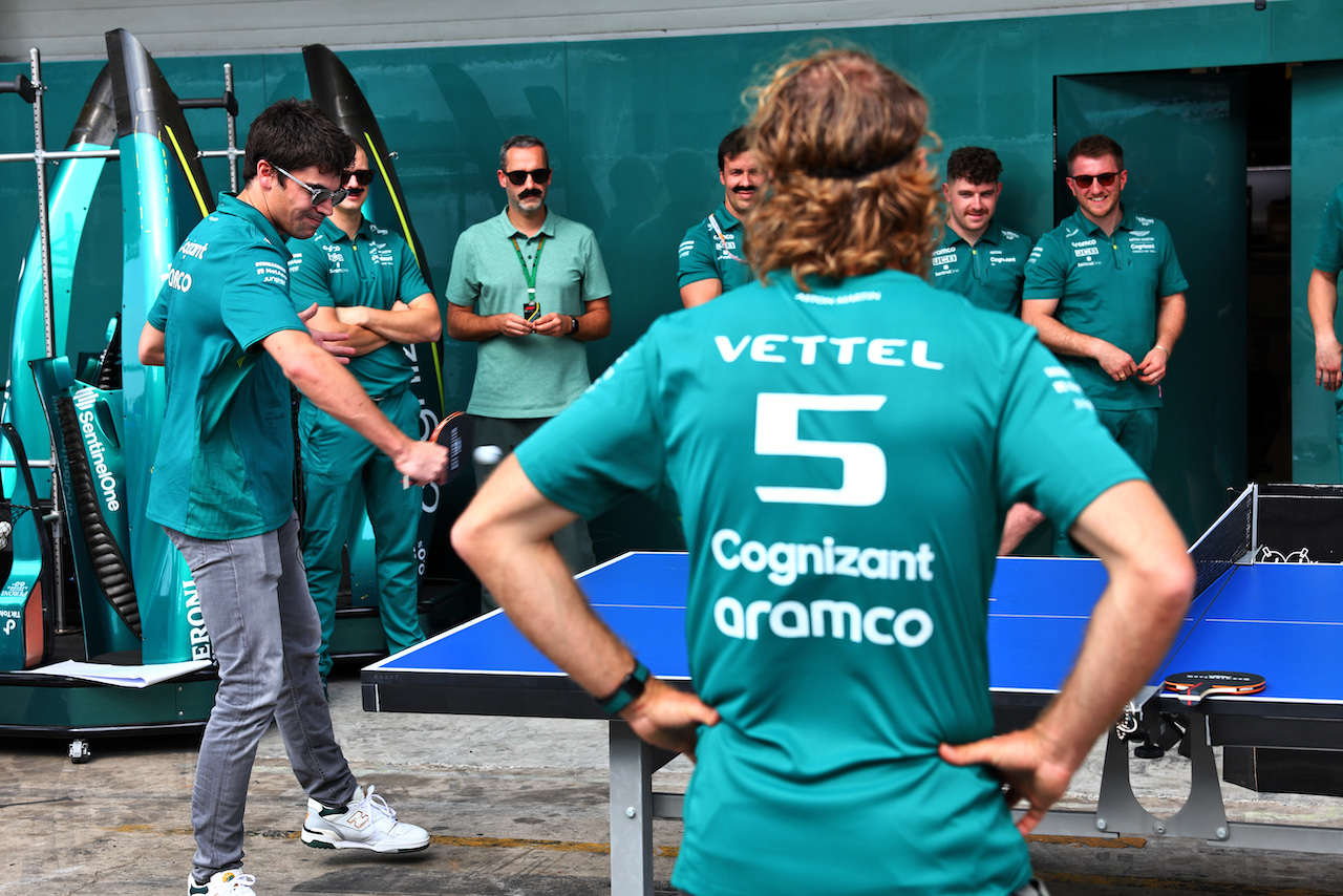 GP BRASILE, (L to R): Lance Stroll (CDN) Aston Martin F1 Team e Sebastian Vettel (GER) Aston Martin F1 Team play table tennis in the paddock.
10.11.2022. Formula 1 World Championship, Rd 21, Brazilian Grand Prix, Sao Paulo, Brazil, Preparation Day.
- www.xpbimages.com, EMail: requests@xpbimages.com © Copyright: Batchelor / XPB Images