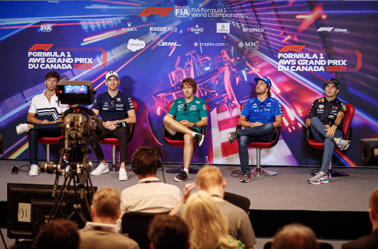 GP CANADA, (L to R): Pierre Gasly (FRA) AlphaTauri; Nicholas Latifi (CDN) Williams Racing; Sebastian Vettel (GER) Aston Martin F1 Team; Fernando Alonso (ESP) Alpine F1 Team; e Sergio Perez (MEX) Red Bull Racing, in the FIA Press Conference.
17.06.2022. Formula 1 World Championship, Rd 9, Canadian Grand Prix, Montreal, Canada, Practice Day.
- www.xpbimages.com, EMail: requests@xpbimages.com © Copyright: XPB Images