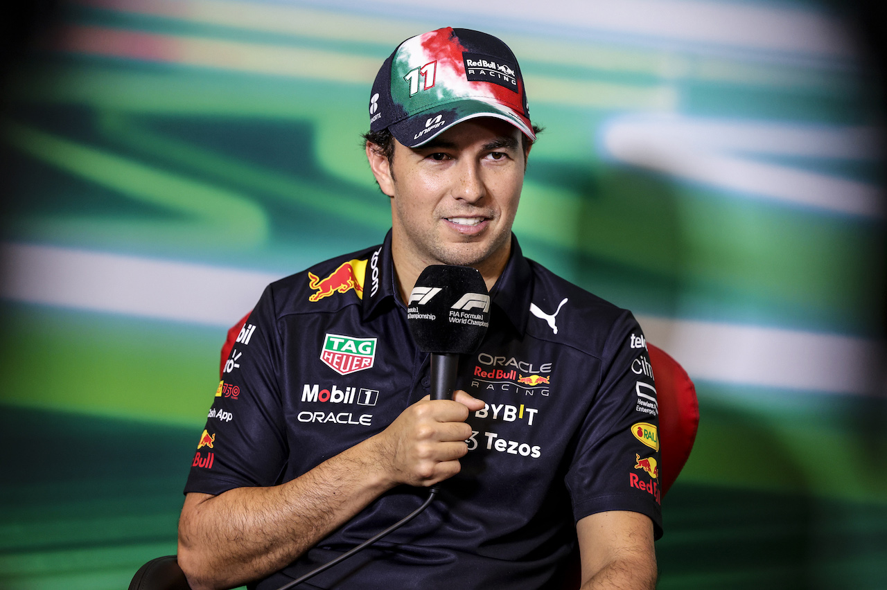 GP CITTA DEL MESSICO, Sergio Perez (MEX) Red Bull Racing in the FIA Press Conference.
27.10.2022. Formula 1 World Championship, Rd 20, Mexican Grand Prix, Mexico City, Mexico, Preparation Day.
- www.xpbimages.com, EMail: requests@xpbimages.com © Copyright: XPB Images