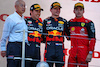 GP GIAPPONE, The podium (L to R): Charles Leclerc (MON) Ferrari, second; Sergio Perez (MEX) Red Bull Racing, vincitore; Carlos Sainz Jr (ESP) Ferrari, third.
09.10.2022. Formula 1 World Championship, Rd 18, Japanese Grand Prix, Suzuka, Japan, Gara Day.
 - www.xpbimages.com, EMail: requests@xpbimages.com © Copyright: Coates / XPB Images