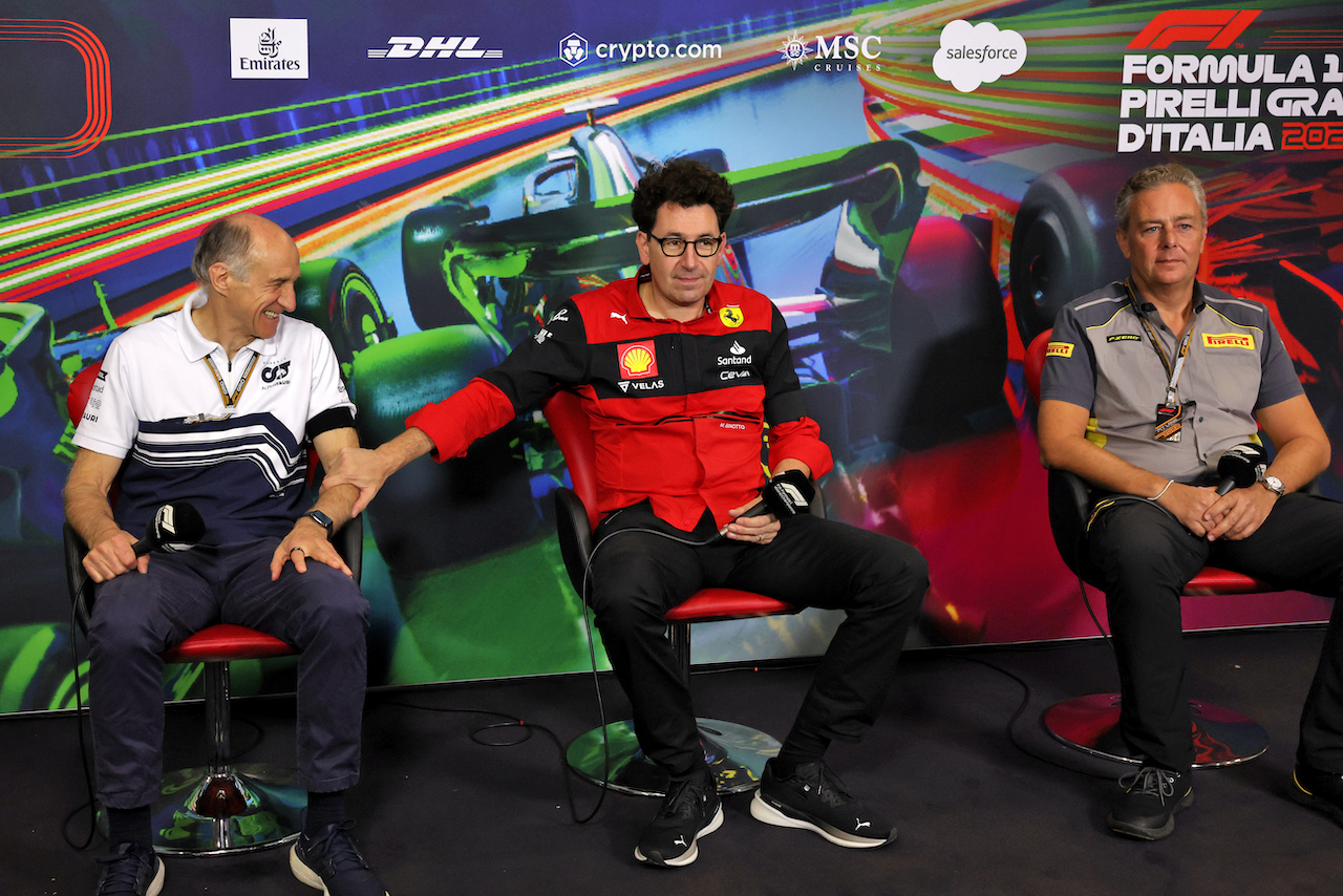GP ITALIA, (L to R): Franz Tost (AUT) AlphaTauri Team Principal; Mattia Binotto (ITA) Ferrari Team Principal; e Mario Isola (ITA) Pirelli Racing Manager, in the FIA Press Conference.
10.09.2022. Formula 1 World Championship, Rd 16, Italian Grand Prix, Monza, Italy, Qualifiche Day.
- www.xpbimages.com, EMail: requests@xpbimages.com © Copyright: Bearne / XPB Images