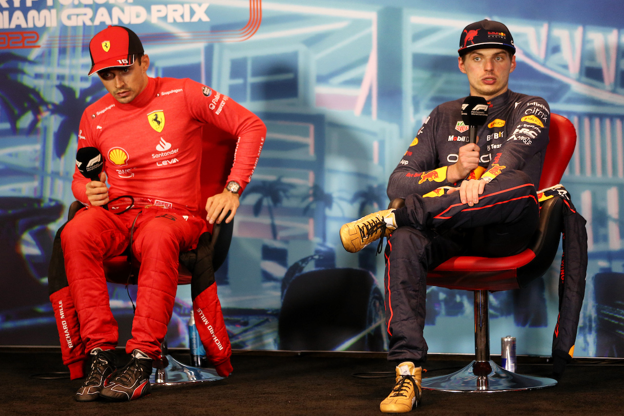 GP MIAMI, (L to R): Charles Leclerc (MON) Ferrari e Max Verstappen (NLD) Red Bull Racing in the post race FIA Press Conference.
08.05.2022. Formula 1 World Championship, Rd 5, Miami Grand Prix, Miami, Florida, USA, Gara Day.
- www.xpbimages.com, EMail: requests@xpbimages.com © Copyright: Rew / XPB Images