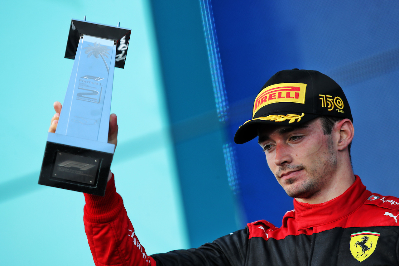 GP MIAMI, Charles Leclerc (MON) Ferrari celebrates his second position on the podium.
08.05.2022. Formula 1 World Championship, Rd 5, Miami Grand Prix, Miami, Florida, USA, Gara Day.
 - www.xpbimages.com, EMail: requests@xpbimages.com © Copyright: Coates / XPB Images