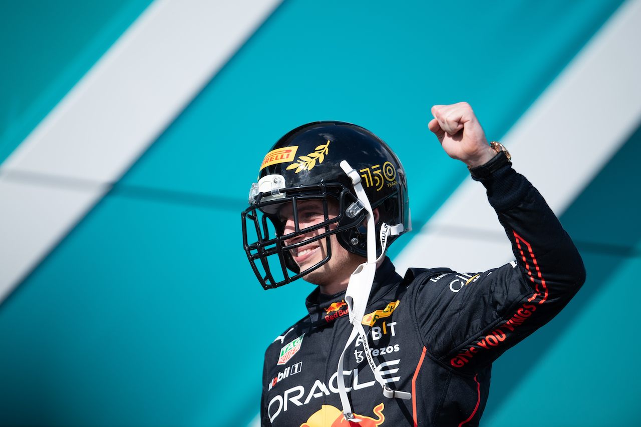 GP MIAMI, Gara winner Max Verstappen (NLD) Red Bull Racing celebrates on the podium.
08.05.2022. Formula 1 World Championship, Rd 5, Miami Grand Prix, Miami, Florida, USA, Gara Day.
- www.xpbimages.com, EMail: requests@xpbimages.com © Copyright: Price / XPB Images