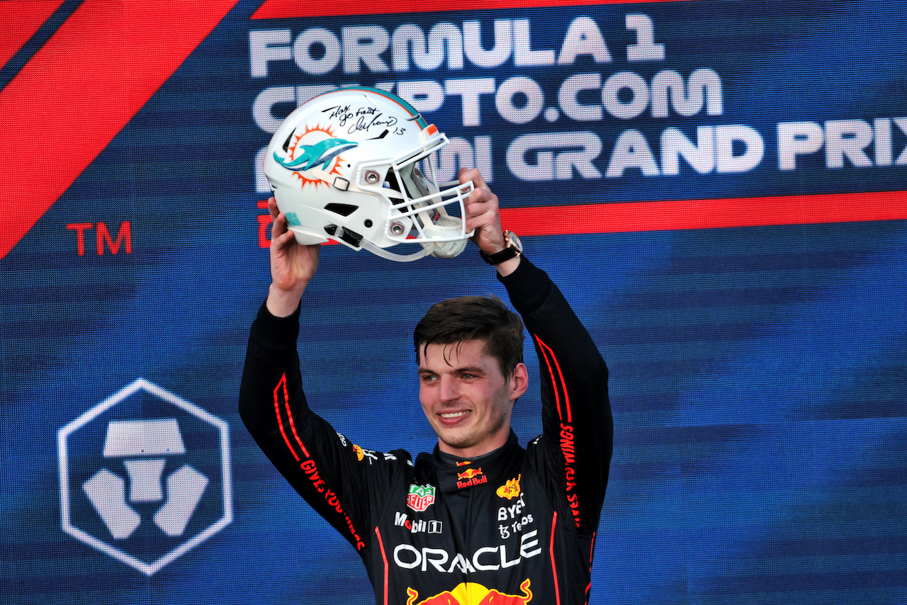 GP MIAMI, Gara winner Max Verstappen (NLD) Red Bull Racing celebrates on the podium.
08.05.2022. Formula 1 World Championship, Rd 5, Miami Grand Prix, Miami, Florida, USA, Gara Day.
- www.xpbimages.com, EMail: requests@xpbimages.com © Copyright: Bearne / XPB Images