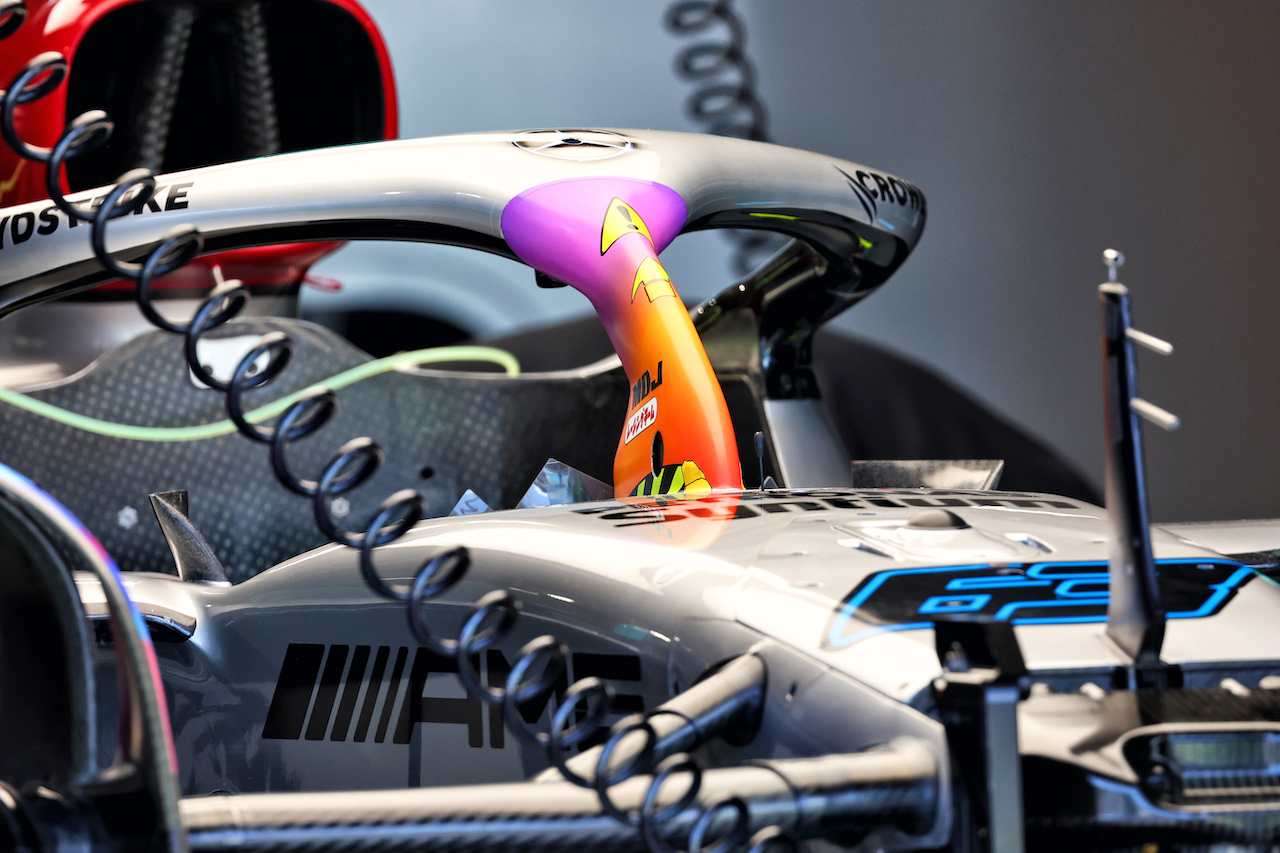 GP MIAMI, Mercedes AMG F1 W13 Halo cockpit cover.
05.05.2022. Formula 1 World Championship, Rd 5, Miami Grand Prix, Miami, Florida, USA, Preparation Day.
- www.xpbimages.com, EMail: requests@xpbimages.com © Copyright: Batchelor / XPB Images