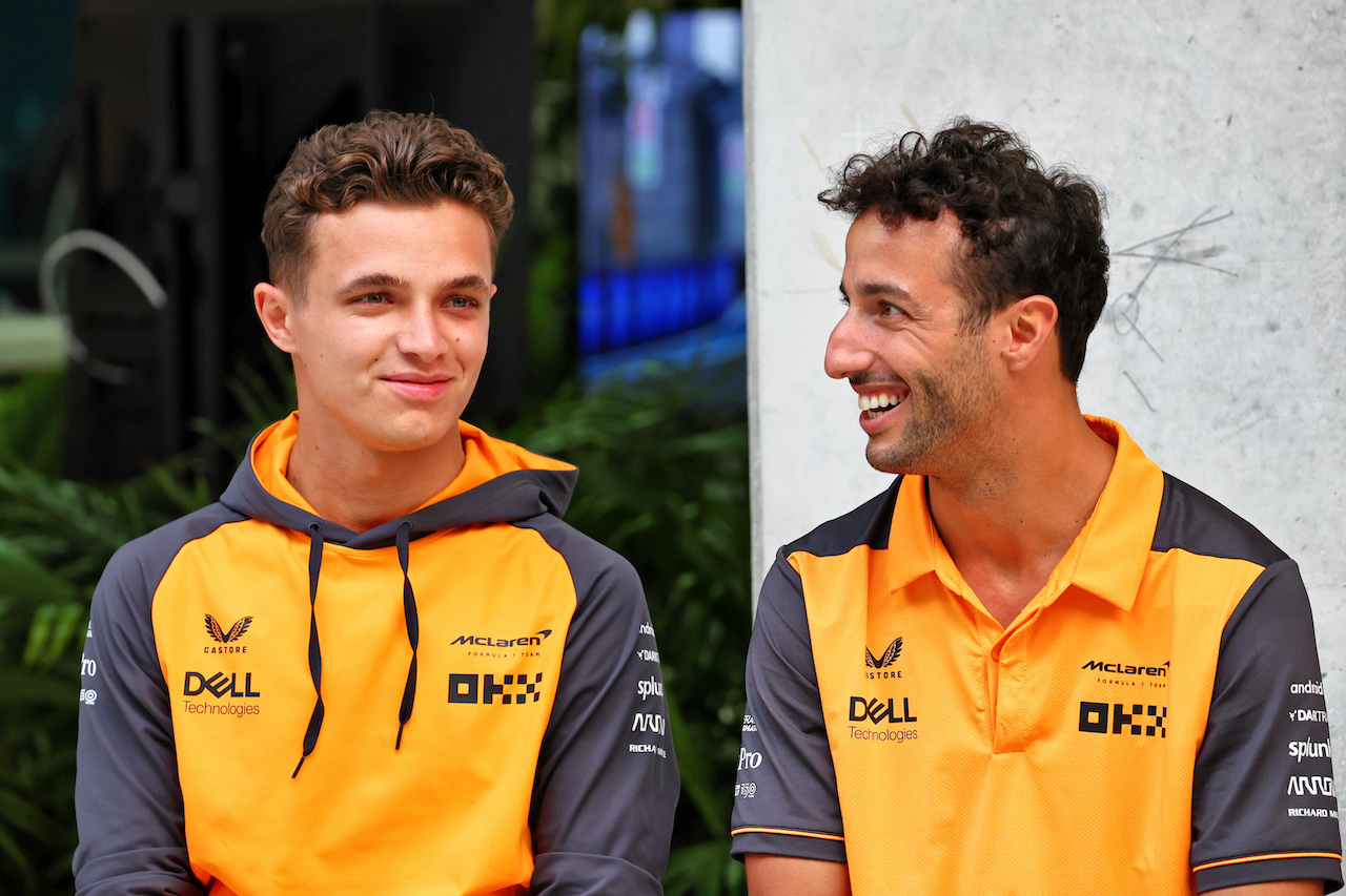 GP MIAMI, (L to R): Lando Norris (GBR) McLaren with team mate Daniel Ricciardo (AUS) McLaren.
05.05.2022. Formula 1 World Championship, Rd 5, Miami Grand Prix, Miami, Florida, USA, Preparation Day.
- www.xpbimages.com, EMail: requests@xpbimages.com © Copyright: Batchelor / XPB Images