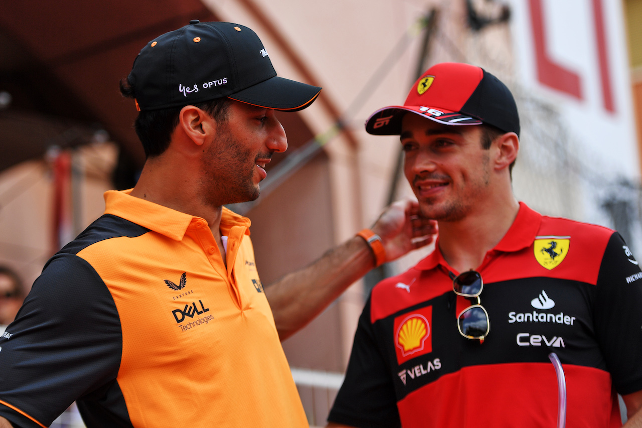 GP MONACO, (L to R): Daniel Ricciardo (AUS) McLaren with Charles Leclerc (MON) Ferrari on the drivers parade.
29.05.2022. Formula 1 World Championship, Rd 7, Monaco Grand Prix, Monte Carlo, Monaco, Gara Day.
- www.xpbimages.com, EMail: requests@xpbimages.com © Copyright: Price / XPB Images