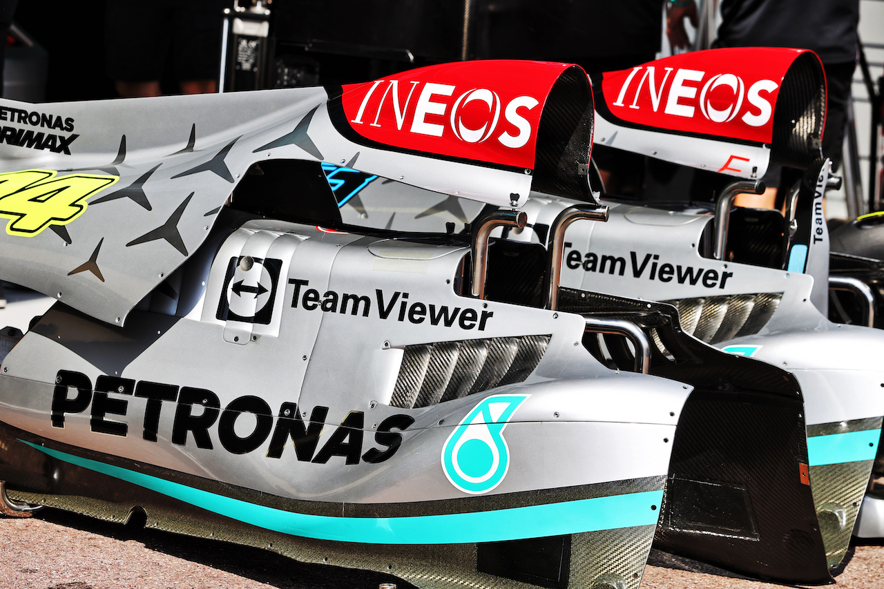 GP MONACO, Mercedes AMG F1 W13 engine covers.
26.05.2022. Formula 1 World Championship, Rd 7, Monaco Grand Prix, Monte Carlo, Monaco, Practice Day.
- www.xpbimages.com, EMail: requests@xpbimages.com © Copyright: Moy / XPB Images