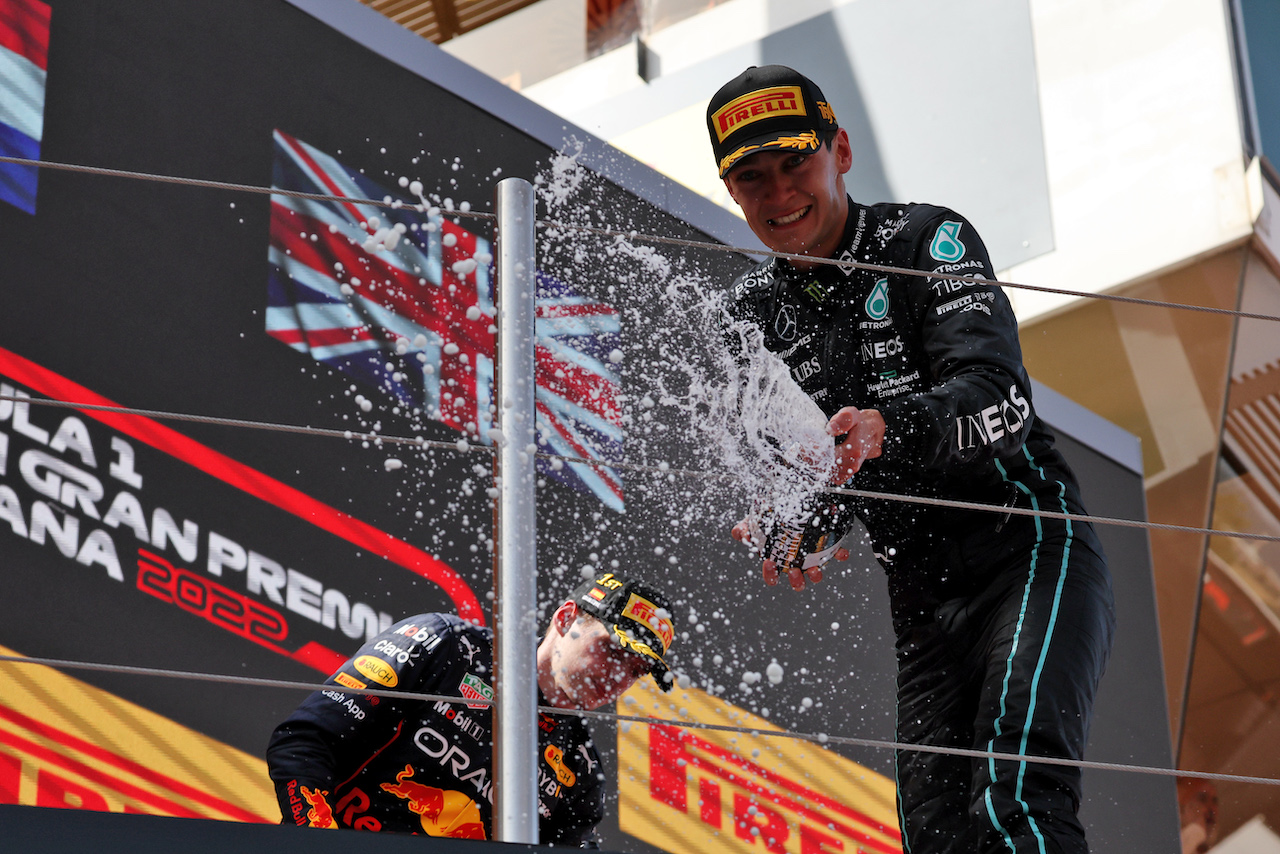GP SPAGNA, George Russell (GBR) Mercedes AMG F1 celebrates his third position on the podium.
22.05.2022. Formula 1 World Championship, Rd 6, Spanish Grand Prix, Barcelona, Spain, Gara Day.
- www.xpbimages.com, EMail: requests@xpbimages.com © Copyright: Bearne / XPB Images