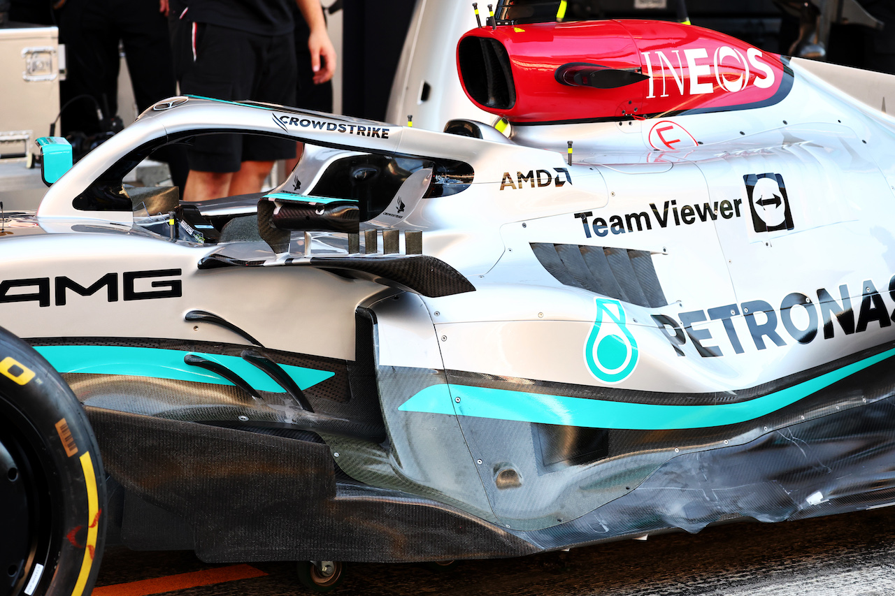 GP SPAGNA, Mercedes AMG F1 W13 floor detail.
19.05.2022. Formula 1 World Championship, Rd 6, Spanish Grand Prix, Barcelona, Spain, Preparation Day.
- www.xpbimages.com, EMail: requests@xpbimages.com © Copyright: Batchelor / XPB Images