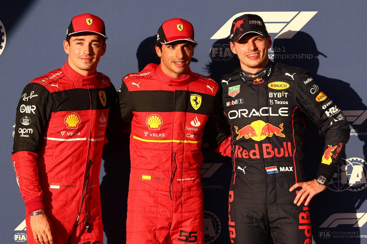 GP STATI UNITI, Pole for Carlos Sainz Jr (ESP) Ferrari, 2nd for Charles Leclerc (MON) Ferrari F1-75 e 3rd for Max Verstappen (NLD) Red Bull Racing.
22.10.2022. Formula 1 World Championship, Rd 19, United States Grand Prix, Austin, Texas, USA, Qualifiche Day.
- www.xpbimages.com, EMail: requests@xpbimages.com ¬© Copyright: Batchelor / XPB Images