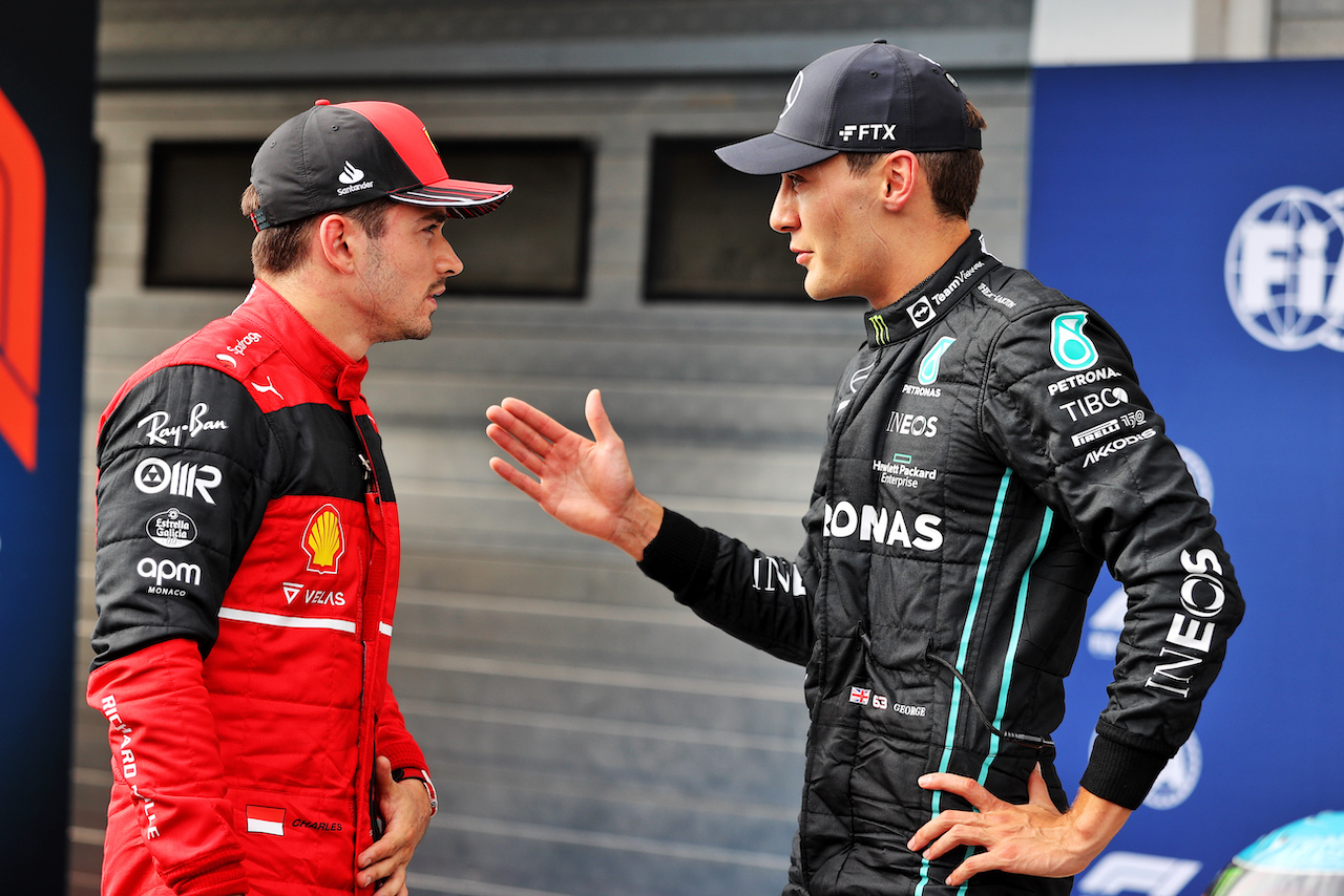 GP UNGHERIA, (L to R): Charles Leclerc (MON) Ferrari with pole sitter George Russell (GBR) Mercedes AMG F1 in qualifying parc ferme.
30.07.2022. Formula 1 World Championship, Rd 13, Hungarian Grand Prix, Budapest, Hungary, Qualifiche Day.
- www.xpbimages.com, EMail: requests@xpbimages.com © Copyright: Moy / XPB Images