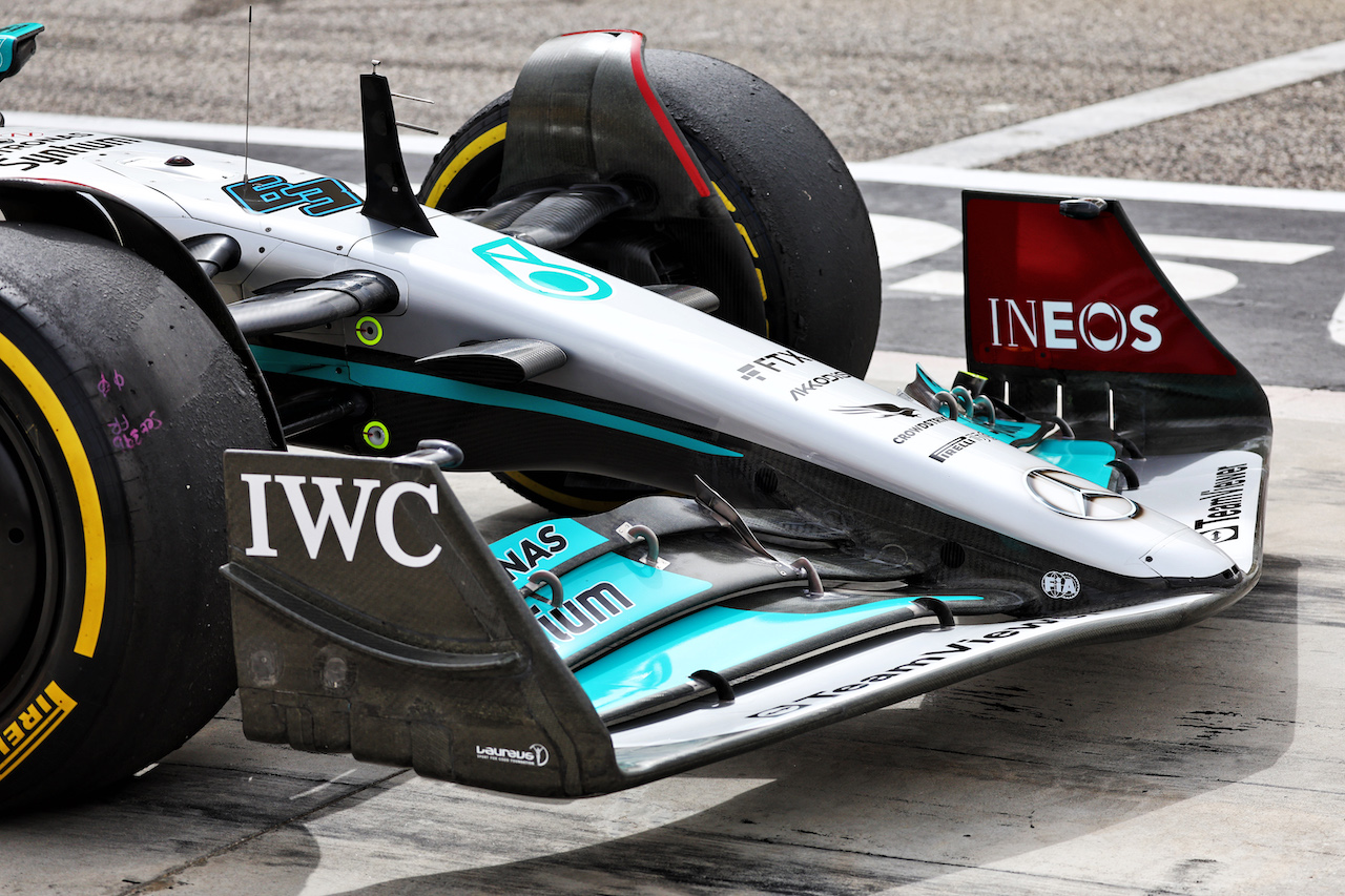 TEST BAHRAIN, George Russell (GBR) Mercedes AMG F1 W13 - front wing.
11.03.2022. Formula 1 Testing, Sakhir, Bahrain, Day Two.
- www.xpbimages.com, EMail: requests@xpbimages.com © Copyright: Batchelor / XPB Images