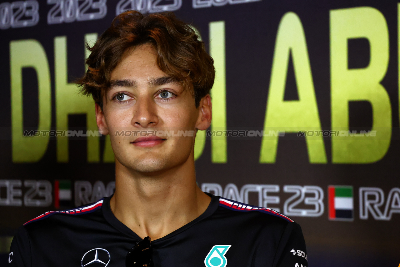 GP ABU DHABI, George Russell (GBR) Mercedes AMG F1 in the FIA Press Conference.

23.11.2023. Formula 1 World Championship, Rd 23, Abu Dhabi Grand Prix, Yas Marina Circuit, Abu Dhabi, Preparation Day.

- www.xpbimages.com, EMail: requests@xpbimages.com © Copyright: Batchelor / XPB Images