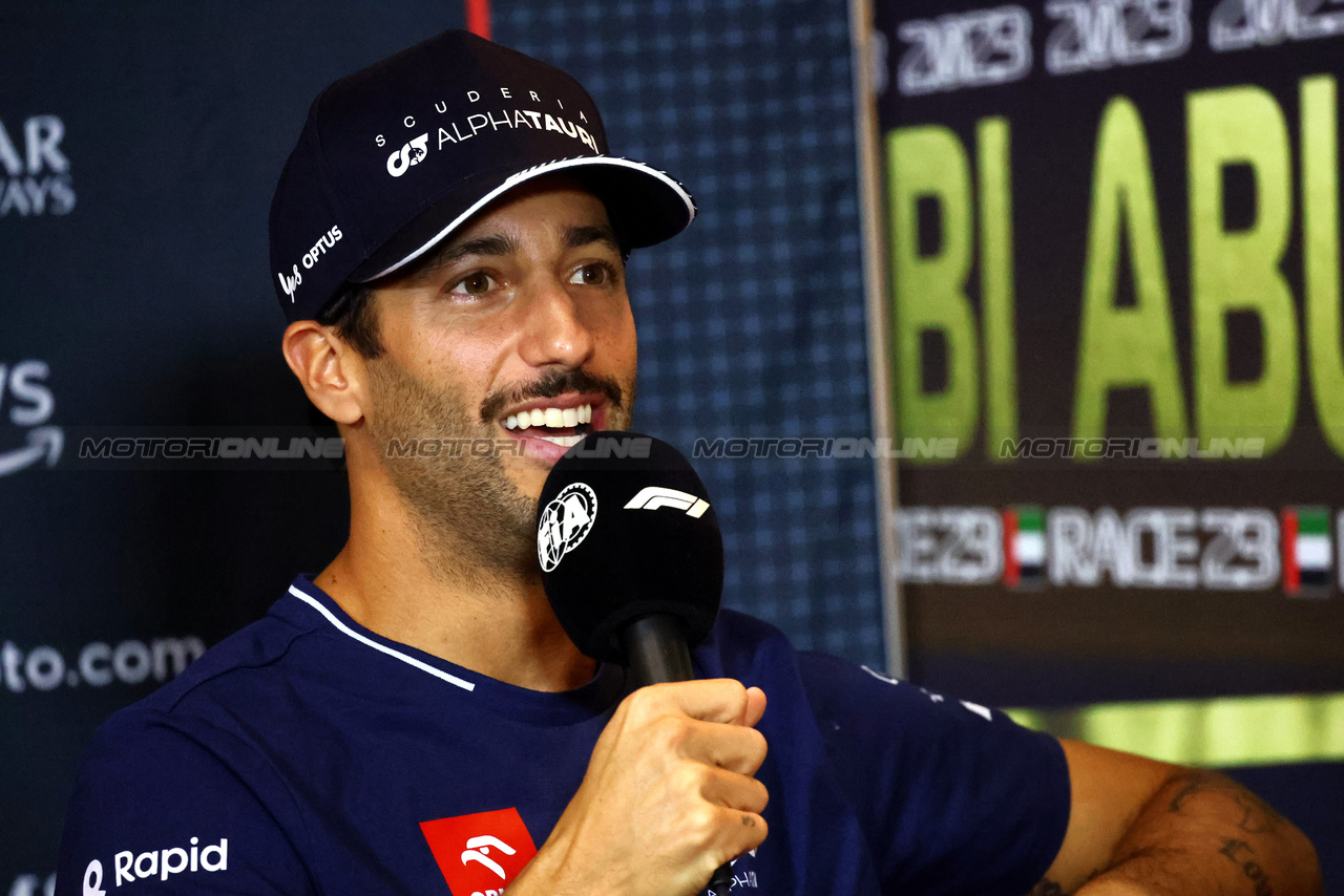 GP ABU DHABI, Daniel Ricciardo (AUS) AlphaTauri in the FIA Press Conference.

23.11.2023. Formula 1 World Championship, Rd 23, Abu Dhabi Grand Prix, Yas Marina Circuit, Abu Dhabi, Preparation Day.

- www.xpbimages.com, EMail: requests@xpbimages.com © Copyright: Batchelor / XPB Images