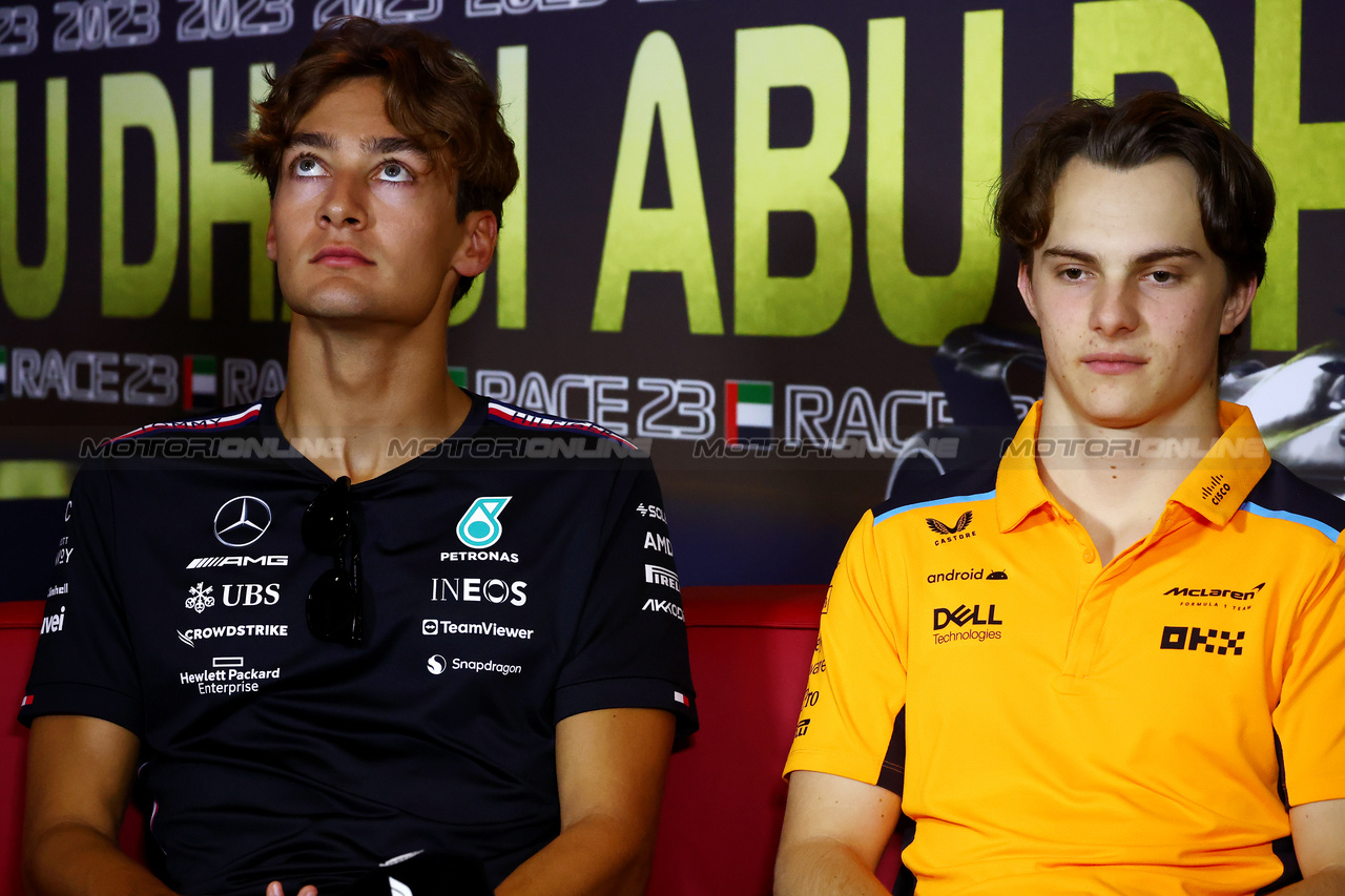 GP ABU DHABI, (L to R): George Russell (GBR) Mercedes AMG F1 e Oscar Piastri (AUS) McLaren in the FIA Press Conference.

23.11.2023. Formula 1 World Championship, Rd 23, Abu Dhabi Grand Prix, Yas Marina Circuit, Abu Dhabi, Preparation Day.

- www.xpbimages.com, EMail: requests@xpbimages.com © Copyright: Batchelor / XPB Images