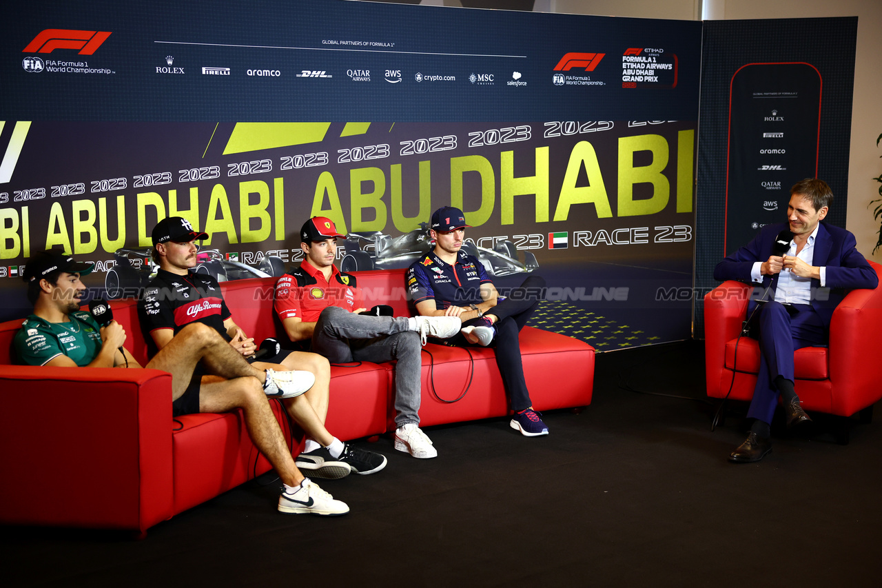 GP ABU DHABI, (L to R): Lance Stroll (CDN) Aston Martin F1 Team; Valtteri Bottas (FIN) Alfa Romeo F1 Team;l Charles Leclerc (MON) Ferrari; e Max Verstappen (NLD) Red Bull Racing, in the FIA Press Conference.

23.11.2023. Formula 1 World Championship, Rd 23, Abu Dhabi Grand Prix, Yas Marina Circuit, Abu Dhabi, Preparation Day.

- www.xpbimages.com, EMail: requests@xpbimages.com © Copyright: Batchelor / XPB Images
