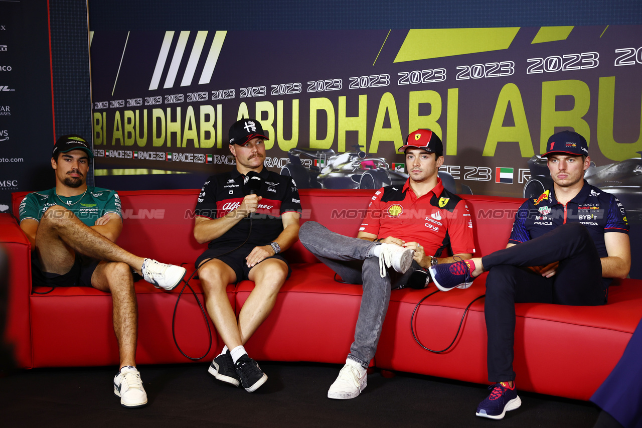 GP ABU DHABI, (L to R): Lance Stroll (CDN) Aston Martin F1 Team; Valtteri Bottas (FIN) Alfa Romeo F1 Team;l Charles Leclerc (MON) Ferrari; e Max Verstappen (NLD) Red Bull Racing, in the FIA Press Conference.

23.11.2023. Formula 1 World Championship, Rd 23, Abu Dhabi Grand Prix, Yas Marina Circuit, Abu Dhabi, Preparation Day.

- www.xpbimages.com, EMail: requests@xpbimages.com © Copyright: Batchelor / XPB Images