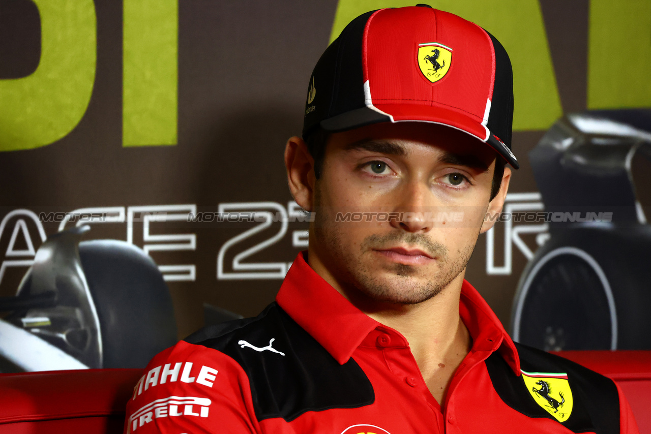 GP ABU DHABI, Charles Leclerc (MON) Ferrari in the FIA Press Conference.

23.11.2023. Formula 1 World Championship, Rd 23, Abu Dhabi Grand Prix, Yas Marina Circuit, Abu Dhabi, Preparation Day.

- www.xpbimages.com, EMail: requests@xpbimages.com © Copyright: Batchelor / XPB Images