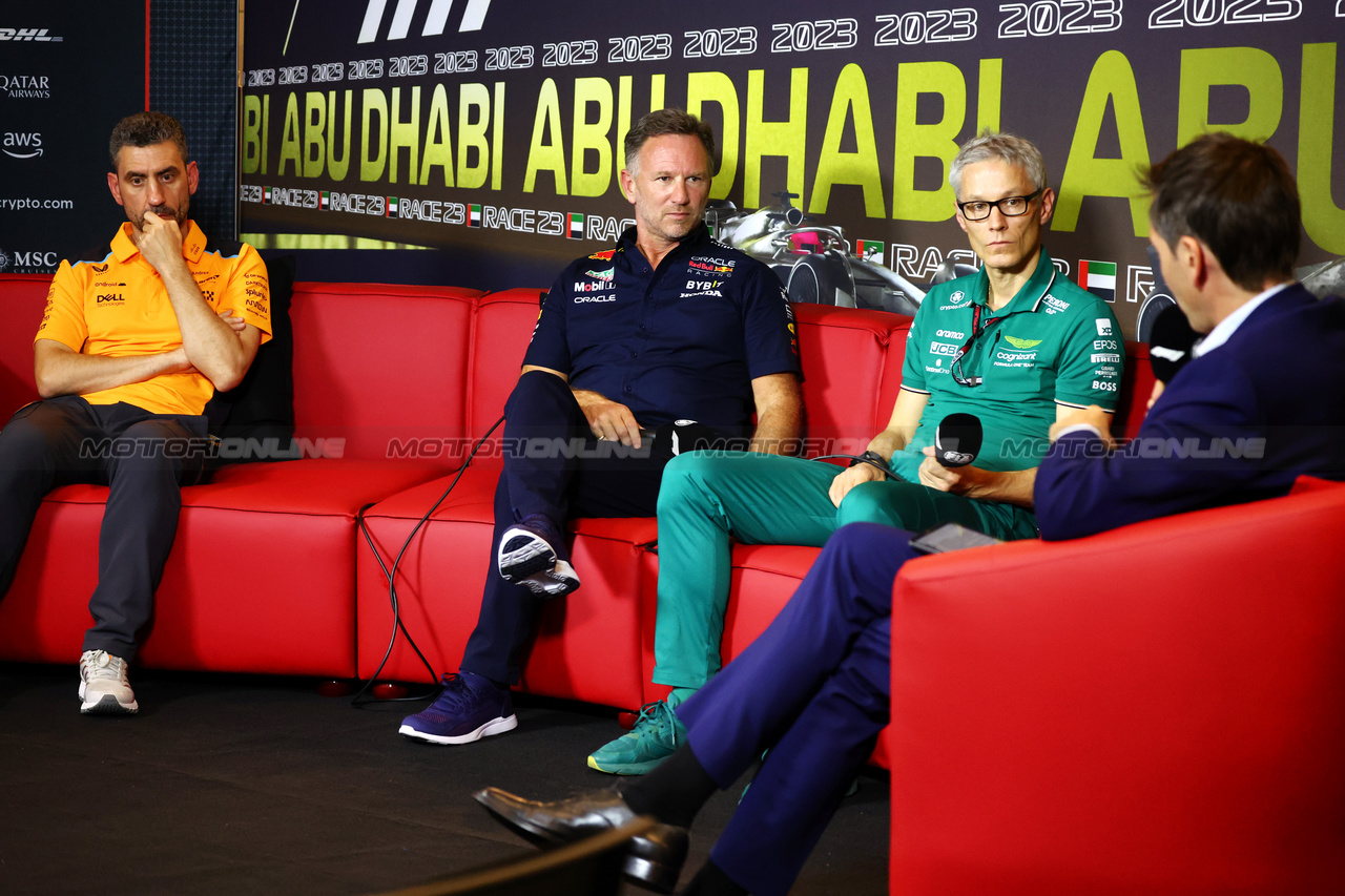 GP ABU DHABI, (L to R): Andrea Stella (ITA) McLaren Team Principal; Christian Horner (GBR) Red Bull Racing Team Principal; e Mike Krack (LUX) Aston Martin F1 Team, Team Principal in the FIA Press Conference.

24.11.2023. Formula 1 World Championship, Rd 23, Abu Dhabi Grand Prix, Yas Marina Circuit, Abu Dhabi, Practice Day.

- www.xpbimages.com, EMail: requests@xpbimages.com © Copyright: Batchelor / XPB Images