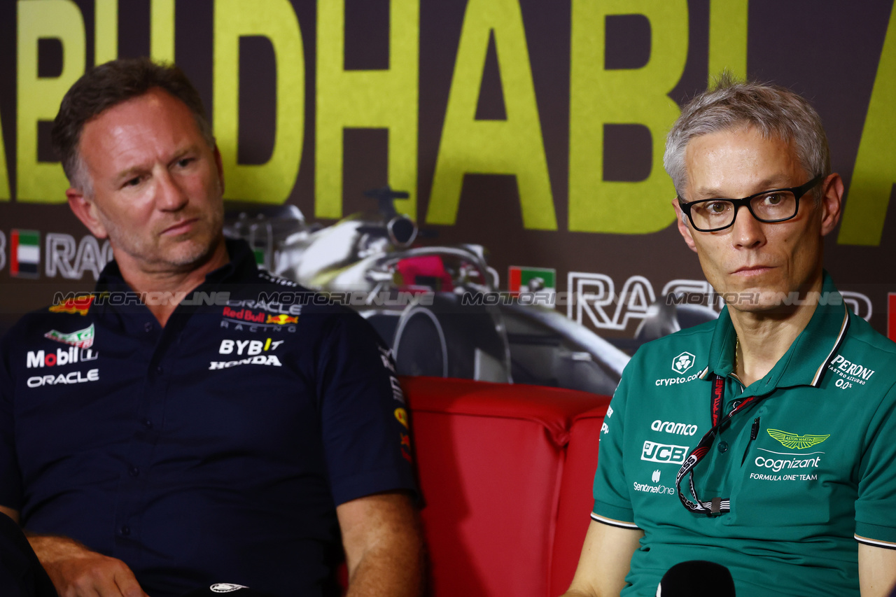 GP ABU DHABI, Mike Krack (LUX) Aston Martin F1 Team, Team Principal (Right) e Christian Horner (GBR) Red Bull Racing Team Principal in the FIA Press Conference.

24.11.2023. Formula 1 World Championship, Rd 23, Abu Dhabi Grand Prix, Yas Marina Circuit, Abu Dhabi, Practice Day.

- www.xpbimages.com, EMail: requests@xpbimages.com © Copyright: Batchelor / XPB Images