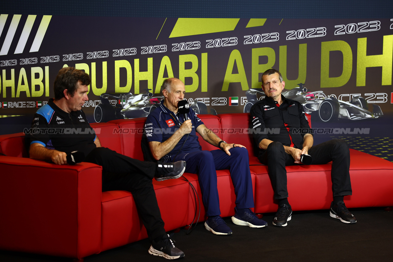 GP ABU DHABI, (L to R): Bruno Famin (FRA) Alpine Motorsports Vice President; Franz Tost (AUT) AlphaTauri Team Principal; e Guenther Steiner (ITA) Haas F1 Team Prinicipal, in the FIA Press Conference.

24.11.2023. Formula 1 World Championship, Rd 23, Abu Dhabi Grand Prix, Yas Marina Circuit, Abu Dhabi, Practice Day.

- www.xpbimages.com, EMail: requests@xpbimages.com © Copyright: Batchelor / XPB Images
