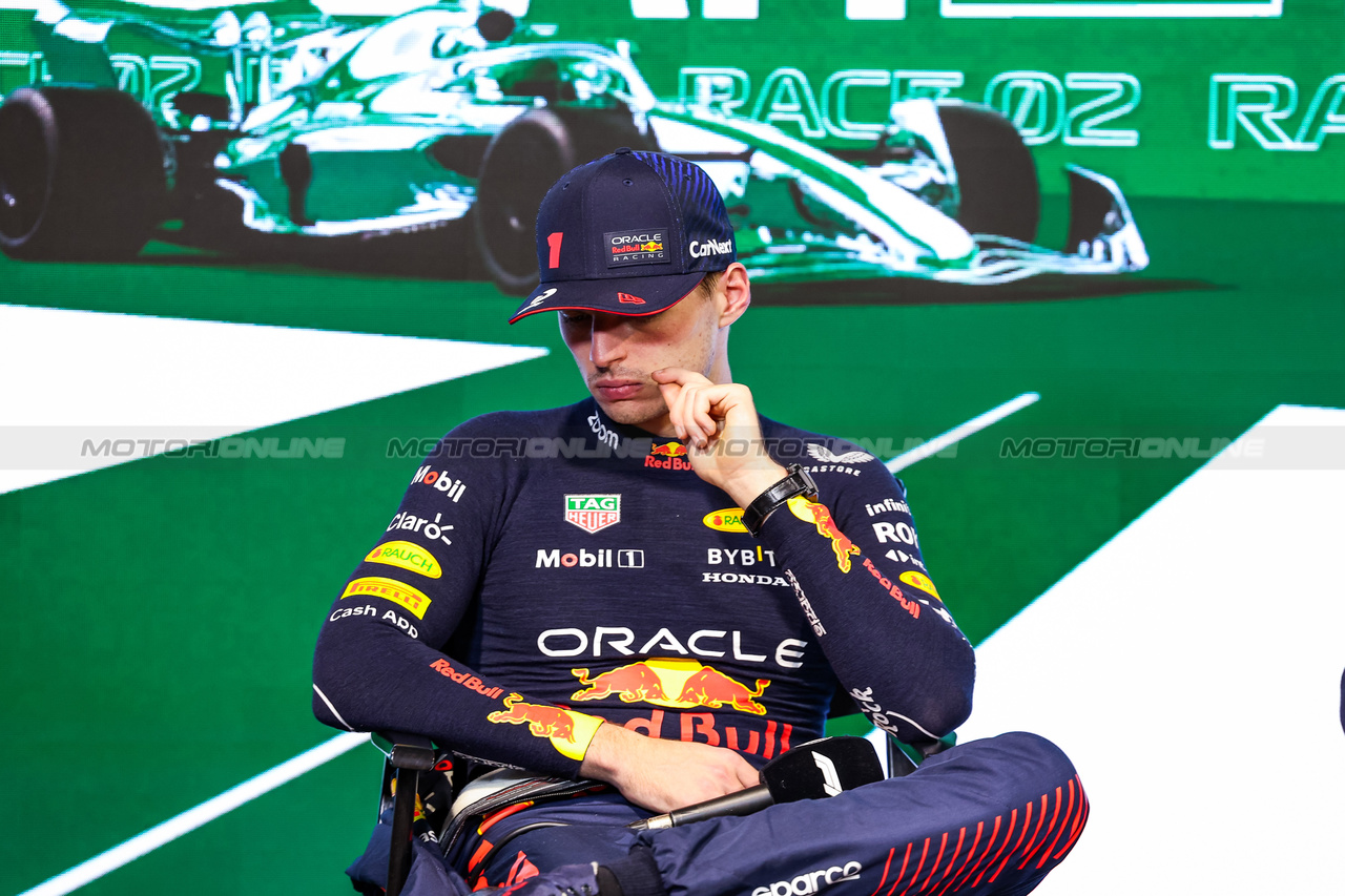 GP ARABIA SAUDITA, Second placed Max Verstappen (NLD) Red Bull Racing in the the post race FIA Press Conference.

19.03.2023. Formula 1 World Championship, Rd 2, Saudi Arabian Grand Prix, Jeddah, Saudi Arabia, Gara Day.

- www.xpbimages.com, EMail: requests@xpbimages.com © Copyright: XPB Images