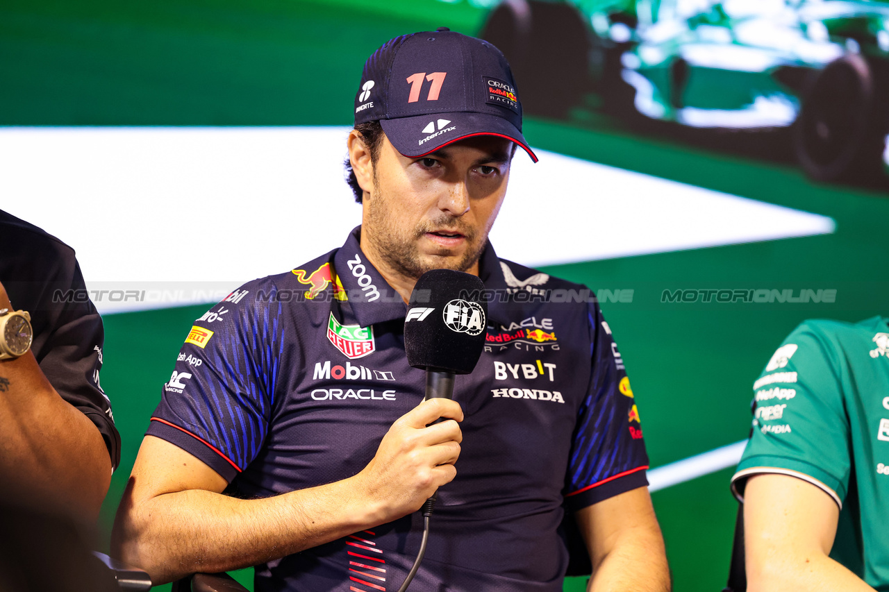 GP ARABIA SAUDITA, Sergio Perez (MEX) Red Bull Racing in the FIA Press Conference.

16.03.2023. Formula 1 World Championship, Rd 2, Saudi Arabian Grand Prix, Jeddah, Saudi Arabia, Preparation Day.

- www.xpbimages.com, EMail: requests@xpbimages.com ¬© Copyright: XPB Images