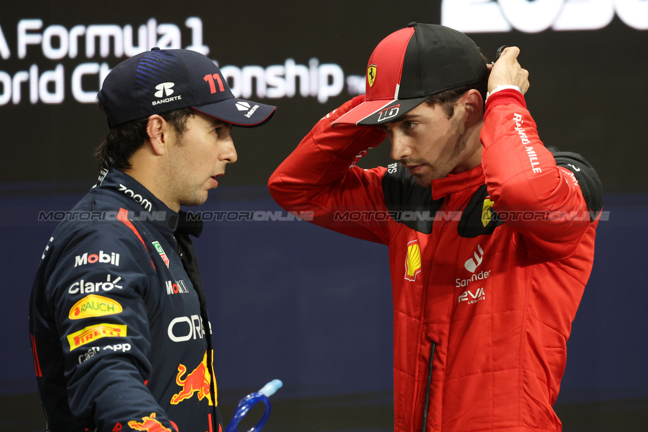 GP ARABIA SAUDITA, (L to R): Sergio Perez (MEX) Red Bull Racing with Charles Leclerc (MON) Ferrari in qualifying parc ferme.

18.03.2023. Formula 1 World Championship, Rd 2, Saudi Arabian Grand Prix, Jeddah, Saudi Arabia, Qualifiche Day.

- www.xpbimages.com, EMail: requests@xpbimages.com © Copyright: Bearne / XPB Images