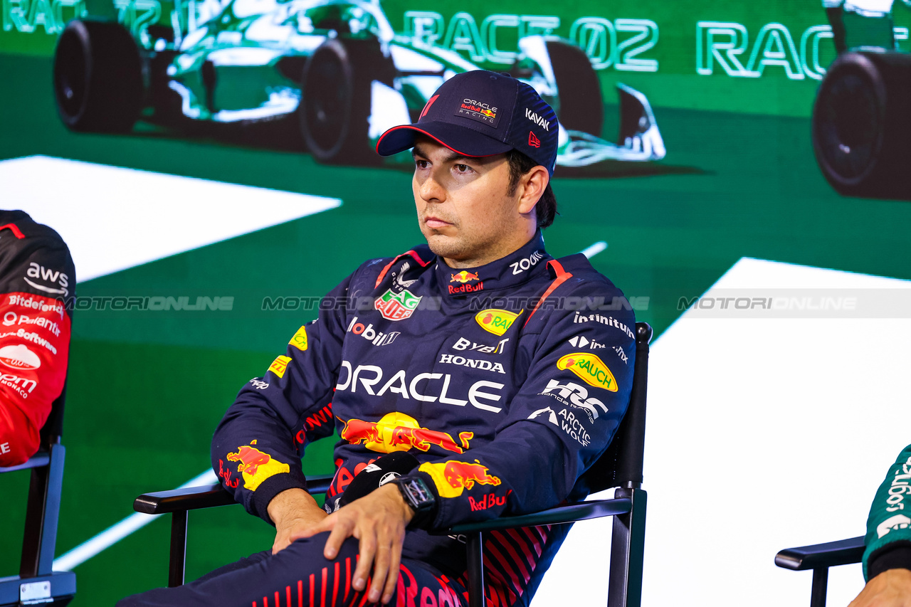 GP ARABIA SAUDITA, Sergio Perez (MEX) Red Bull Racing in the post qualifying FIA Press Conference. 

18.03.2023. Formula 1 World Championship, Rd 2, Saudi Arabian Grand Prix, Jeddah, Saudi Arabia, Qualifiche Day.

- www.xpbimages.com, EMail: requests@xpbimages.com © Copyright: XPB Images