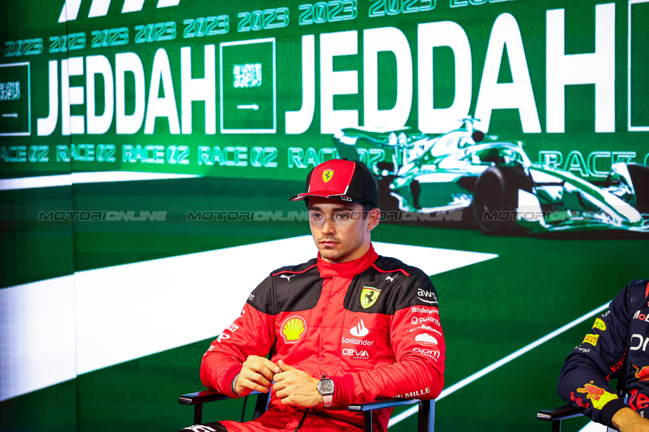 GP ARABIA SAUDITA, Charles Leclerc (MON) Ferrari in the post qualifying FIA Press Conference. 

18.03.2023. Formula 1 World Championship, Rd 2, Saudi Arabian Grand Prix, Jeddah, Saudi Arabia, Qualifiche Day.

- www.xpbimages.com, EMail: requests@xpbimages.com © Copyright: XPB Images