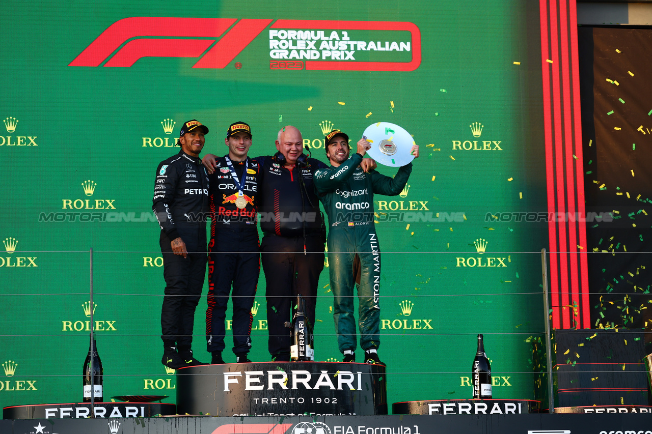 GP AUSTRALIA, 1st place Max Verstappen (NLD) Red Bull Racing RB19, 2nd place Lewis Hamilton (GBR) Mercedes AMG F1 W14 e 3rd place Fernando Alonso (ESP) Aston Martin F1 Team.
02.04.2023. Formula 1 World Championship, Rd 3, Australian Grand Prix, Albert Park, Melbourne, Australia, Gara Day.
- www.xpbimages.com, EMail: requests@xpbimages.com ¬© Copyright: Batchelor / XPB Images