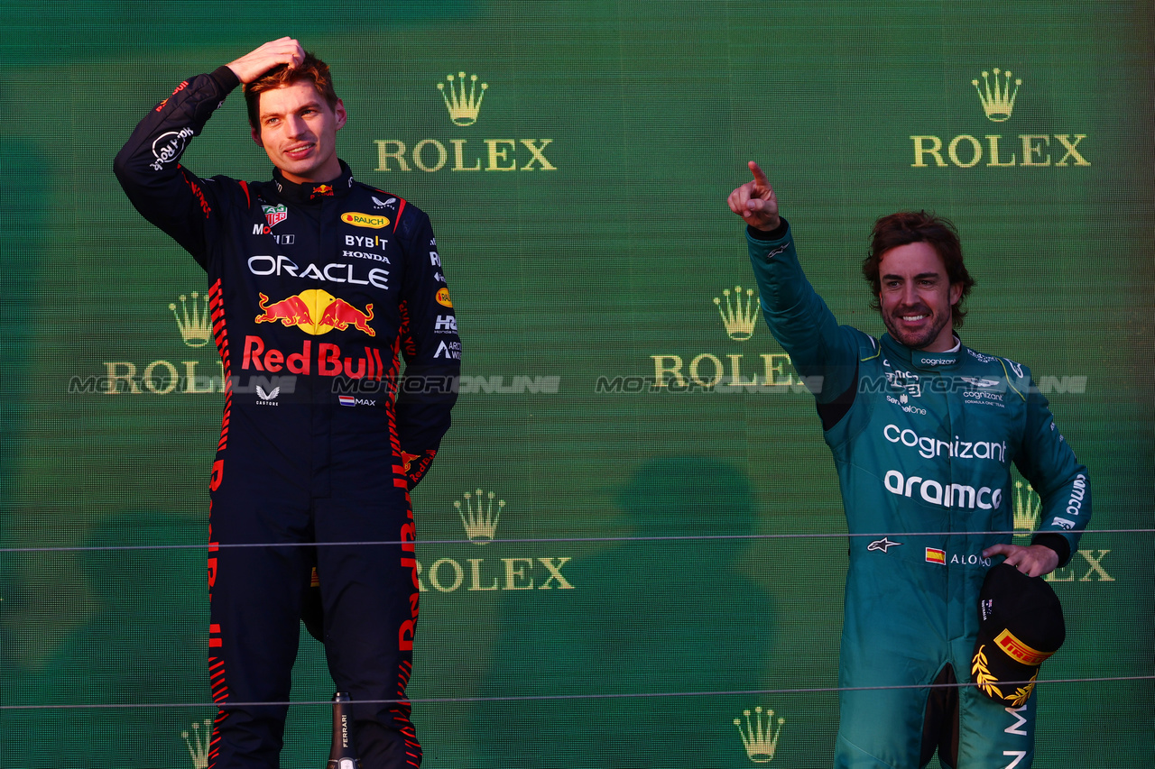 GP AUSTRALIA, 1st place Max Verstappen (NLD) Red Bull Racing e 3rd place Fernando Alonso (ESP) Aston Martin F1 Team.
02.04.2023. Formula 1 World Championship, Rd 3, Australian Grand Prix, Albert Park, Melbourne, Australia, Gara Day.
- www.xpbimages.com, EMail: requests@xpbimages.com ¬© Copyright: Batchelor / XPB Images