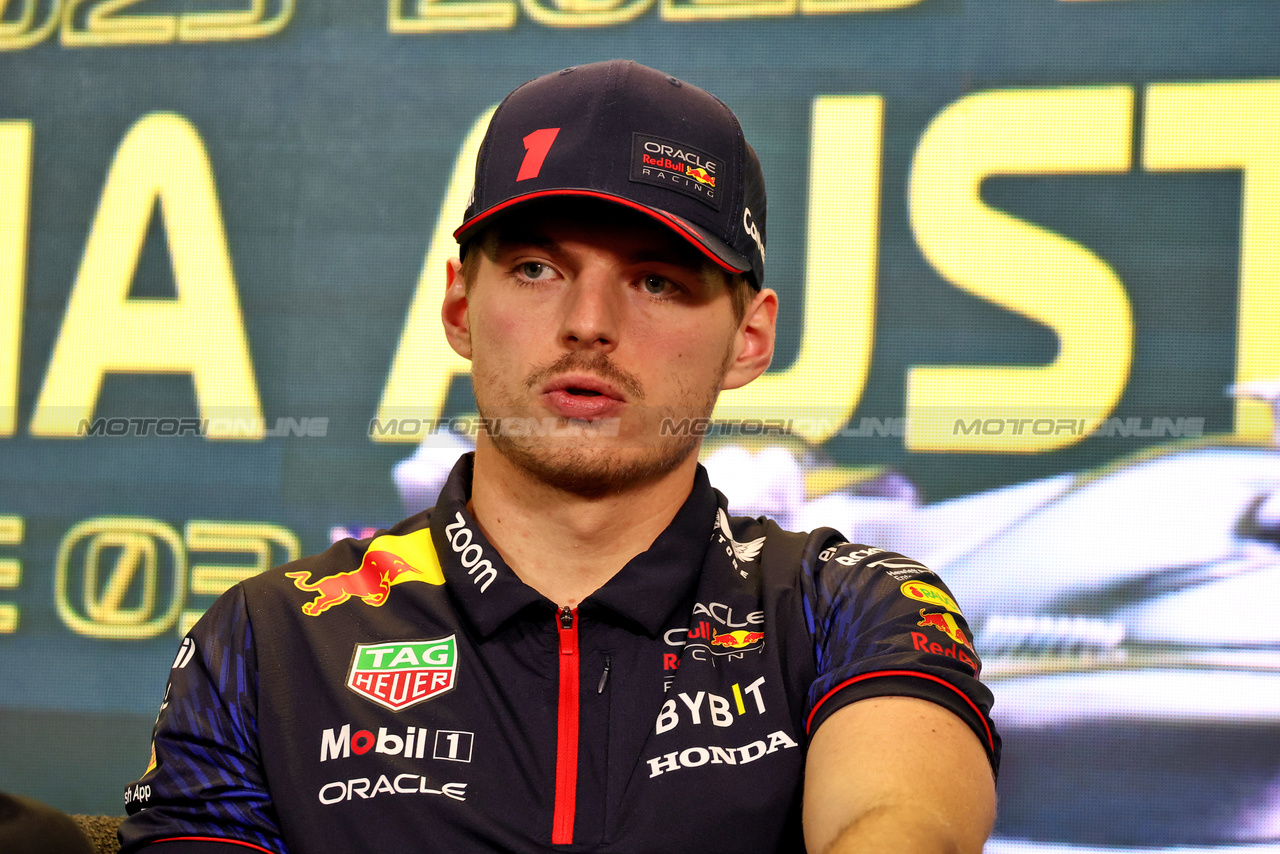 GP AUSTRALIA, Max Verstappen (NLD) Red Bull Racing in the FIA Press Conference.

30.03.2023. Formula 1 World Championship, Rd 3, Australian Grand Prix, Albert Park, Melbourne, Australia, Preparation Day.

- www.xpbimages.com, EMail: requests@xpbimages.com ¬© Copyright: Moy / XPB Images