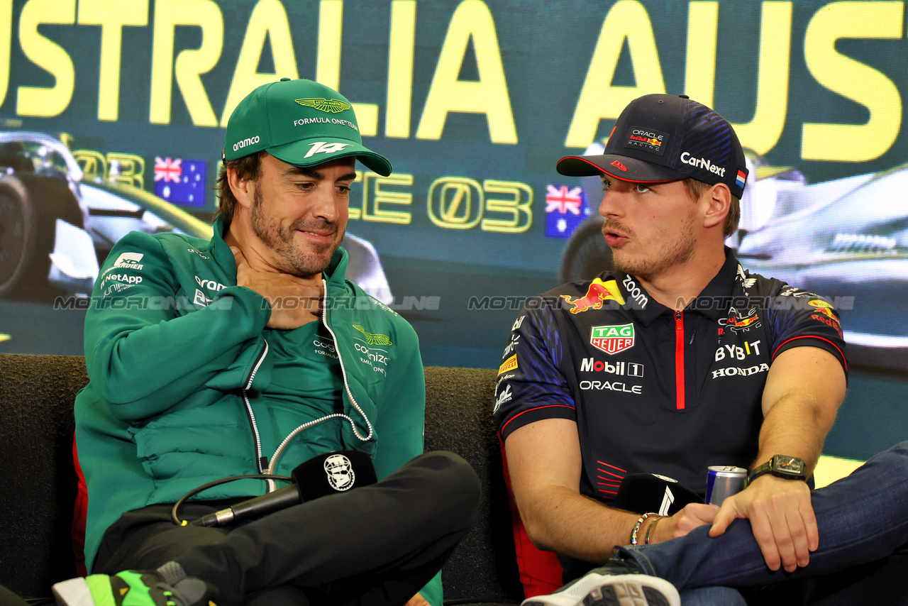 GP AUSTRALIA, (L to R): Fernando Alonso (ESP) Aston Martin F1 Team e Max Verstappen (NLD) Red Bull Racing, in the FIA Press Conference.

30.03.2023. Formula 1 World Championship, Rd 3, Australian Grand Prix, Albert Park, Melbourne, Australia, Preparation Day.

- www.xpbimages.com, EMail: requests@xpbimages.com ¬© Copyright: Moy / XPB Images